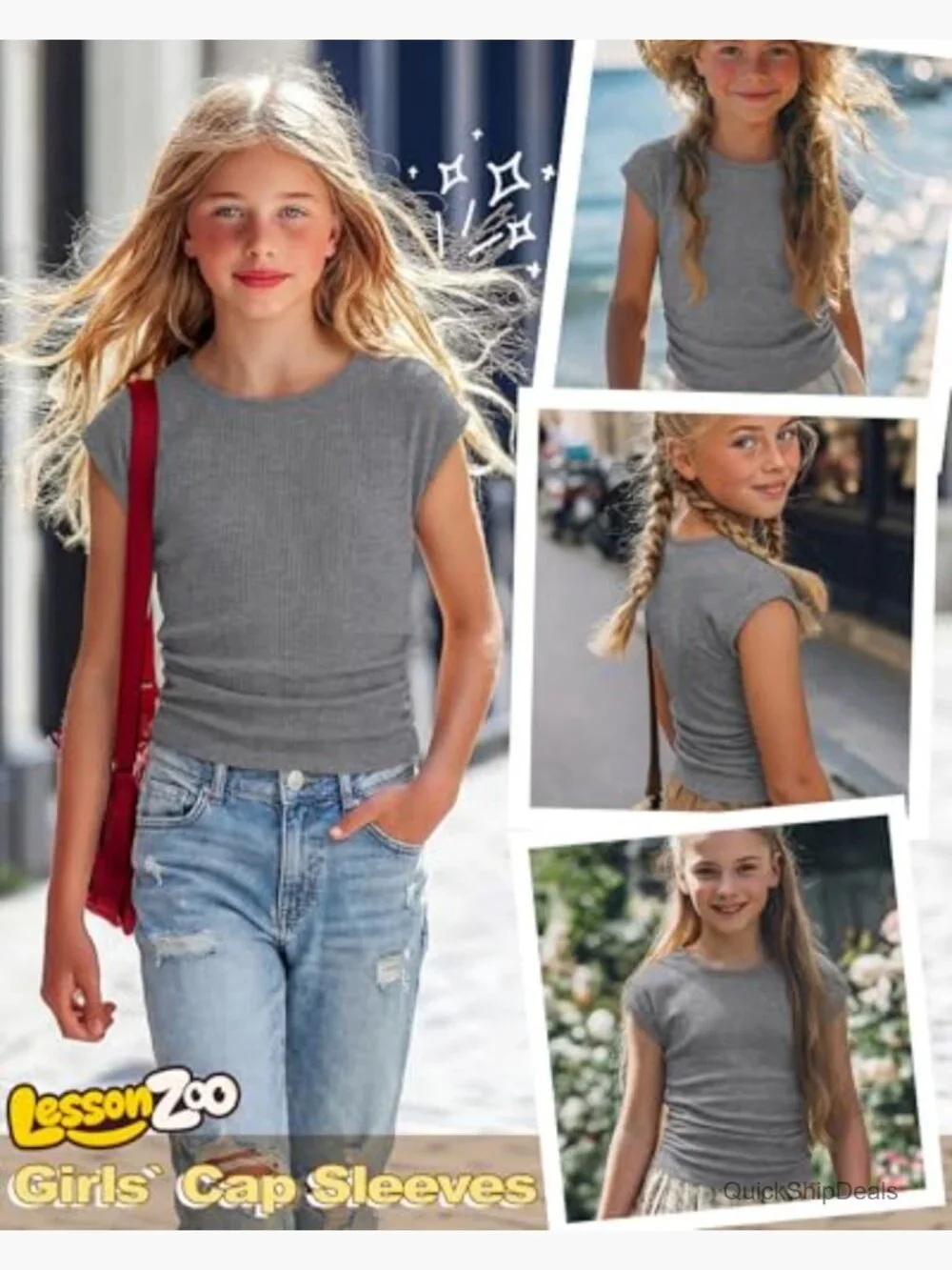 Girls Cap Sleeve Ribbed Knit Ruched Tops Casual Slim Fit Tees 5-14